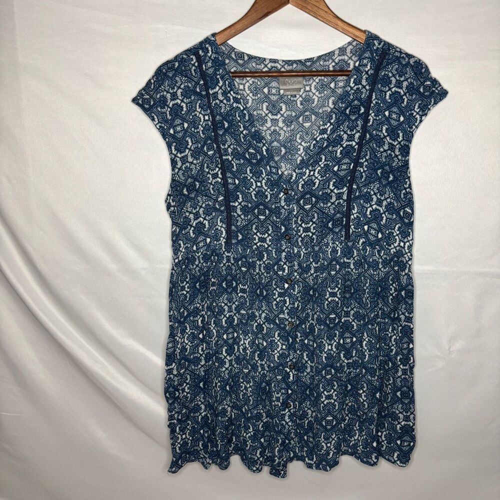 Anthropologie Vanessa Virginia Size M Navy Blue & White Print Blouse Top